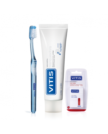 Pack Higiene Bucal Diaria VITIS: Cepillo Medio y Pasta Blanqueadora + Cinta dental con cera